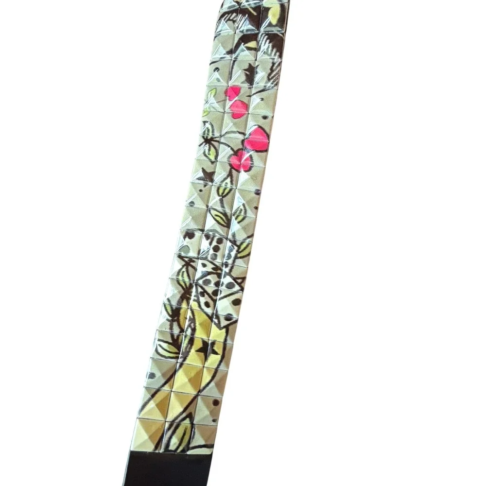 Studded Belt Black Floral Graphic Print Pyramid Studs Leather AG011‎